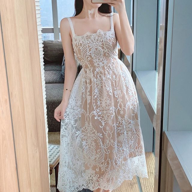 Spaghetti-Strap Lace Midi A-Line Dress