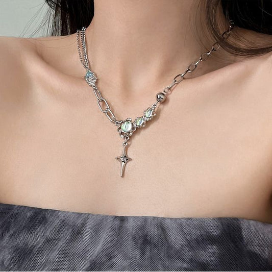 Star Pendant Rhinestone Stainless Steel Necklace Moonstone