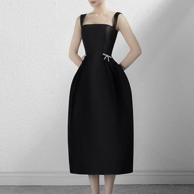 Wide Strap Rhinestone Bow A-Line Dress