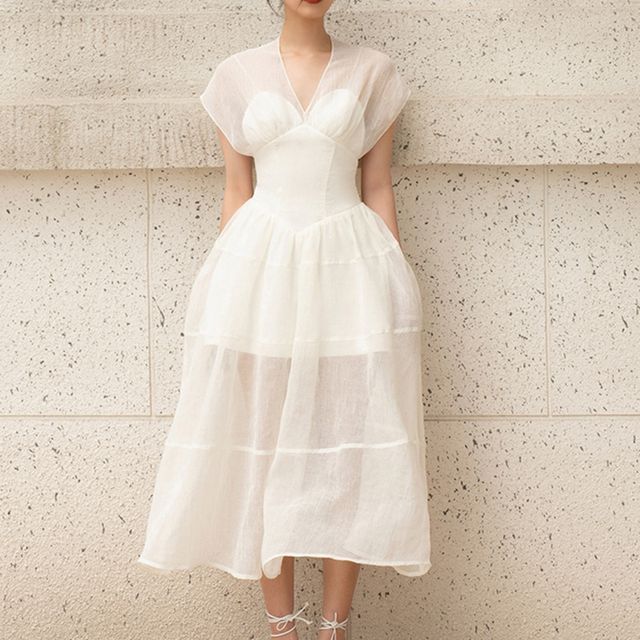 Cap-Sleeve Midi A-Line Dress