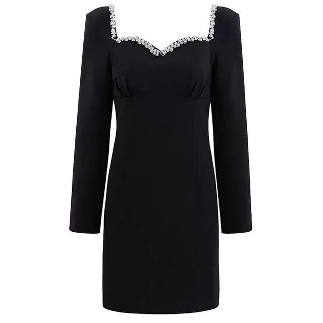 Long-Sleeve Sweetheart-Neckline Rhinestone Chained-Up Mini A-Line Dress