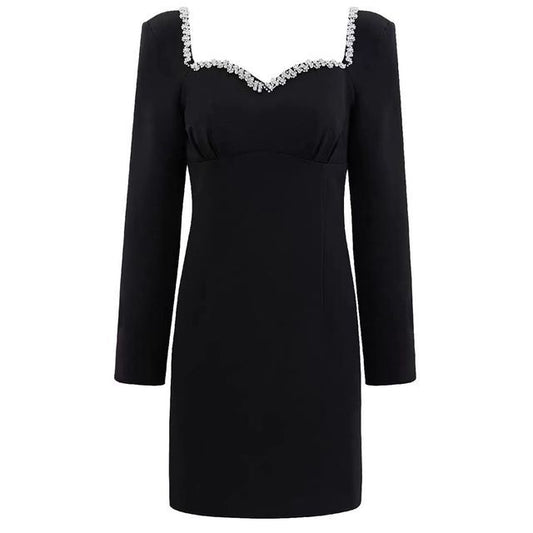 Long-Sleeve Sweetheart-Neckline Rhinestone Chained-Up Mini A-Line Dress