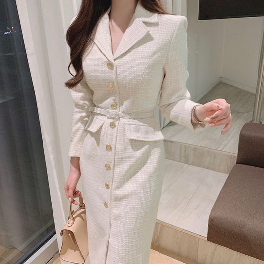 Long-Sleeve Plain Button-Up Midi Bodycon Dress