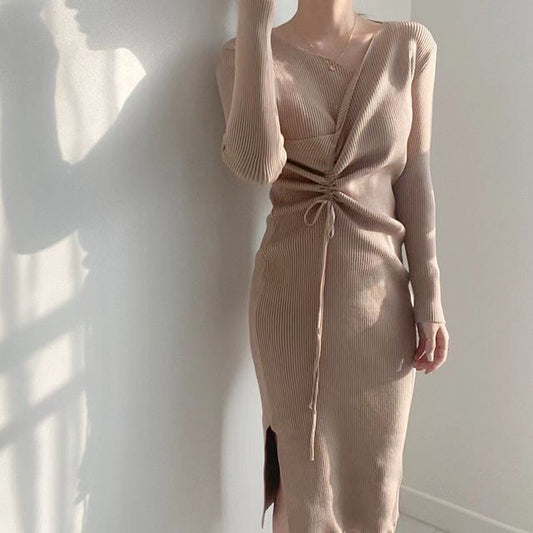 Long-Sleeve Asymmetrical Neck Plain Drawstring Ribbed Knit Midi Sheath Dress