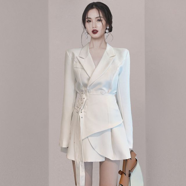 Peak Lapel Plain Asymmetrical Buckle Front Mini A-Line Blazer Dress