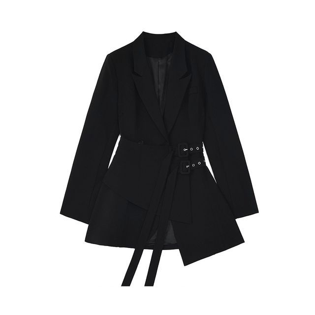 Peak Lapel Plain Asymmetrical Buckle Front Mini A-Line Blazer Dress