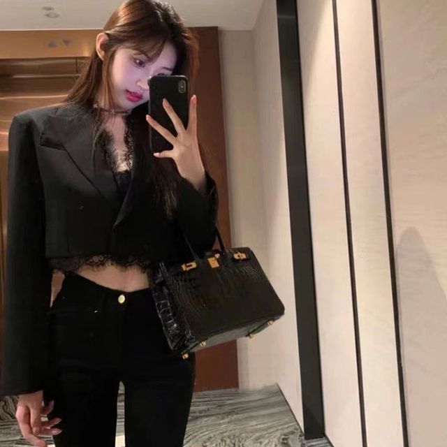 Peak Lapel Plain Lace Trim Cropped Single Breasted Blazer