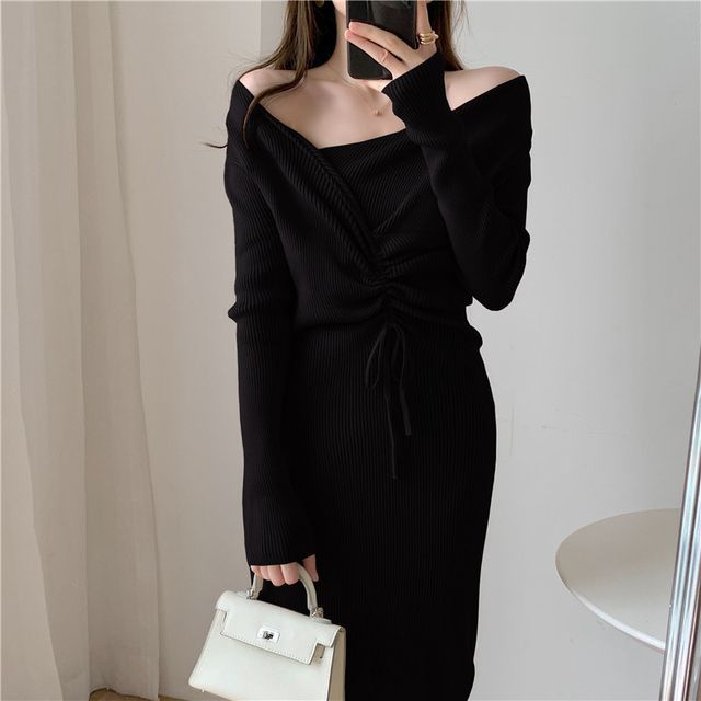 Long-Sleeve Asymmetrical Neck Plain Drawstring Ribbed Knit Midi Sheath Dress