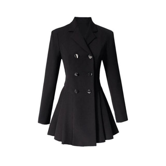 Long-Sleeve Notch Lapel Plain Pleated Double Breasted Mini A-Line Blazer Dress