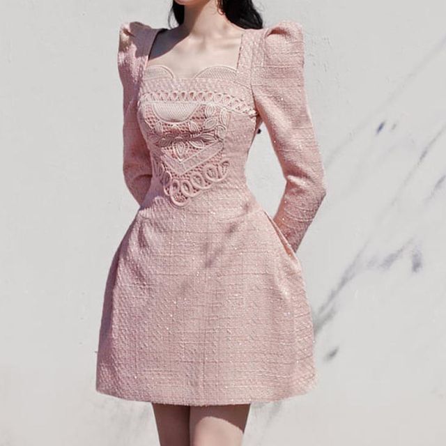 Long-Sleeve Sweetheart Neck Plain Embroidered Tweed Mini A-Line Dress