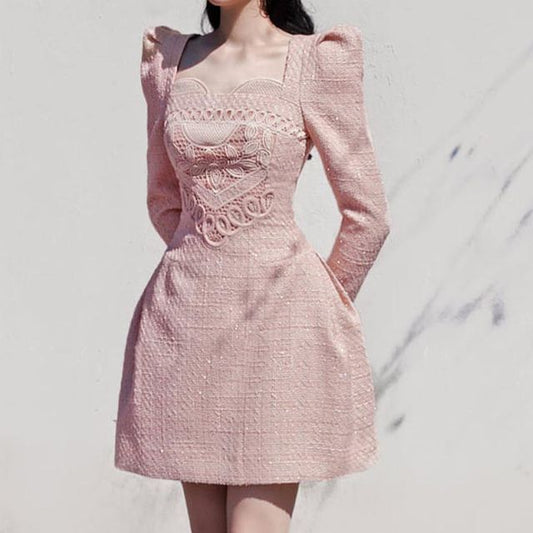 Long-Sleeve Sweetheart Neck Plain Embroidered Tweed Mini A-Line Dress