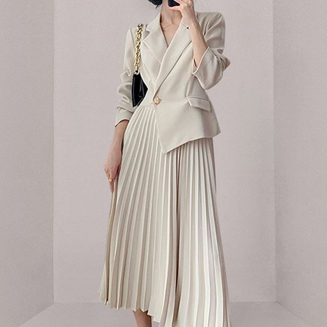 Long-Sleeve Notch Lapel Plain Asymmetrical Panel Accordion Pleated Midi A-Line Blazer Dress