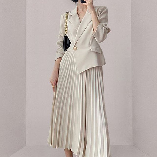 Long-Sleeve Notch Lapel Plain Asymmetrical Panel Accordion Pleated Midi A-Line Blazer Dress