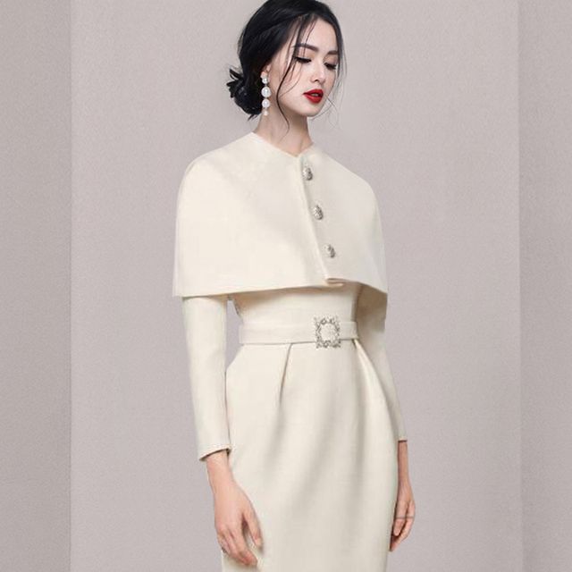Set: Plain Crew Neck Single-Breasted Cropped Capelet + Long-Sleeve Midi Sheath Dress
