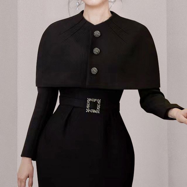 Set: Plain Crew Neck Single-Breasted Cropped Capelet + Long-Sleeve Midi Sheath Dress