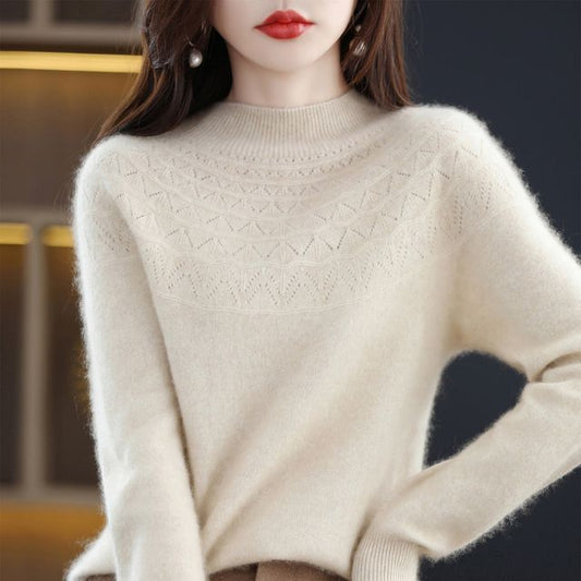 Long-Sleeve Mock Neck Zigzag Perforated Plain Woolen Knit Top