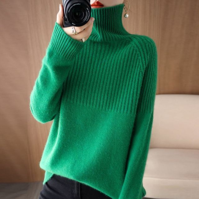 Long-Sleeve Turtleneck Plain Ribbed Woolen Knit Top