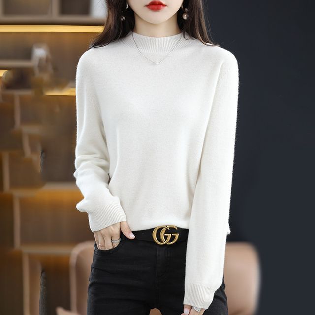 Long-Sleeve Mock Neck Plain Woolen Knit Top