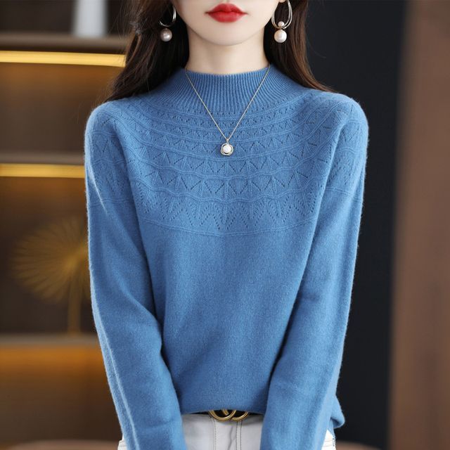 Long-Sleeve Mock Neck Zigzag Perforated Plain Woolen Knit Top
