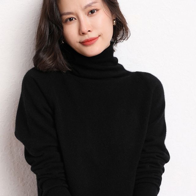 Long-Sleeve High Neck Plain Knit Top