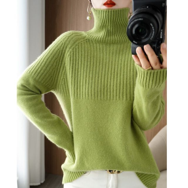 Long-Sleeve Turtleneck Plain Ribbed Woolen Knit Top