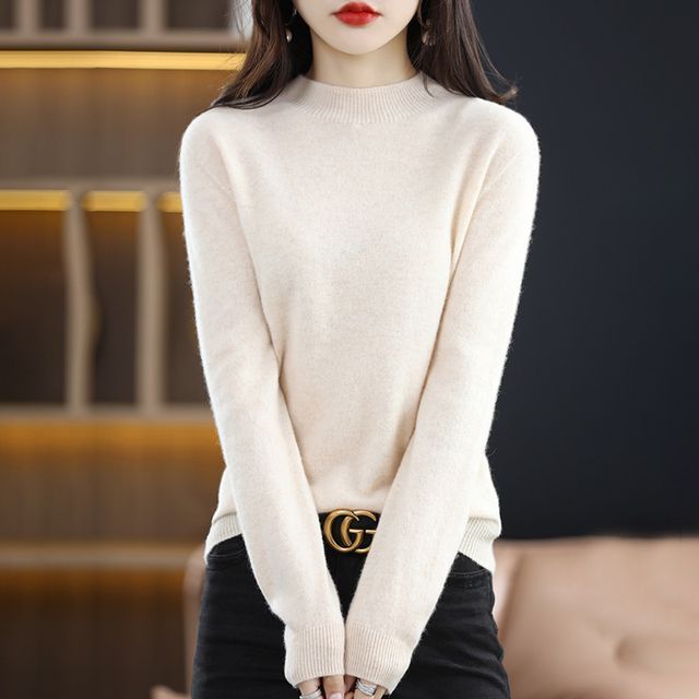 Long-Sleeve Mock Neck Plain Woolen Knit Top