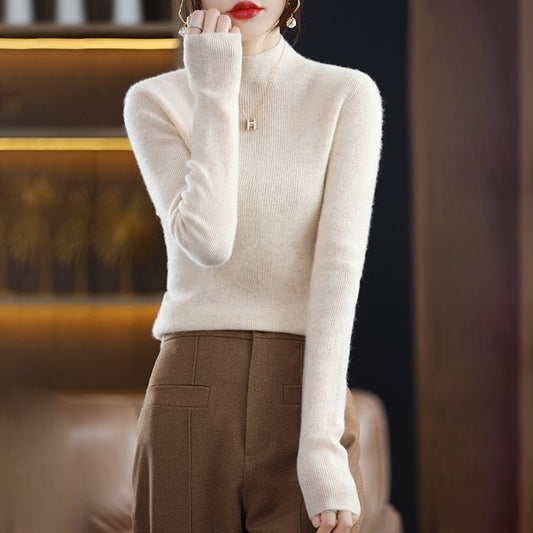 Long-Sleeve Mock-Neck Plain Woolen Top