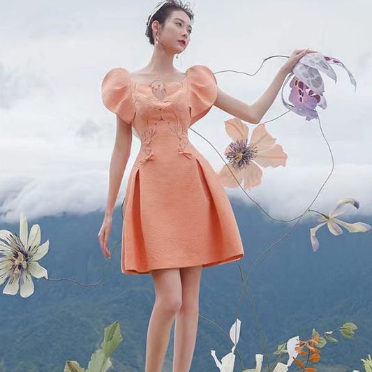 Puff-Sleeve Perforated Mini A-Line Dress