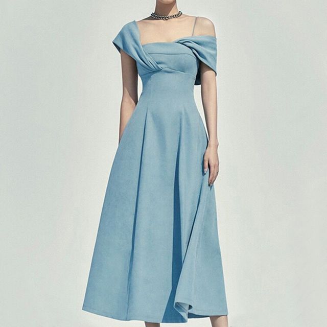 Short-Sleeve Cold Shoulder Plain Ruched Midi A-Line Dress