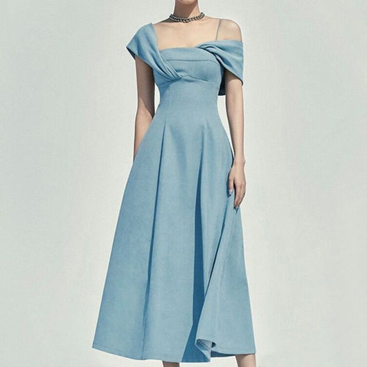 Short-Sleeve Cold Shoulder Plain Ruched Midi A-Line Dress