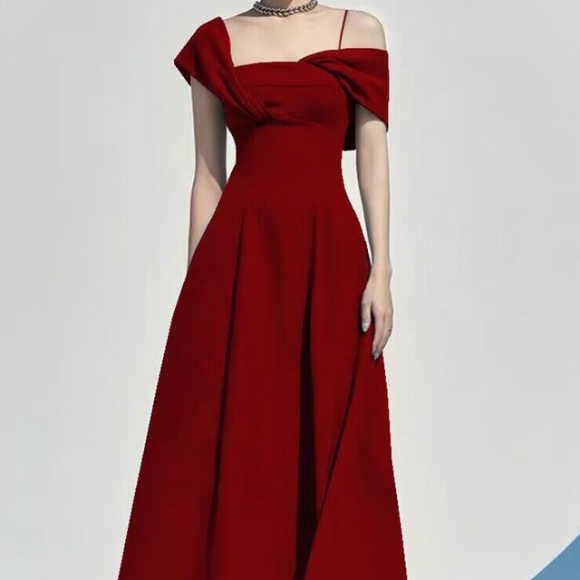 Short-Sleeve Cold Shoulder Plain Ruched Midi A-Line Dress