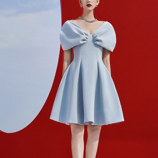 Short-Sleeve V-Neck Plain Ruched Mini A-Line Dress