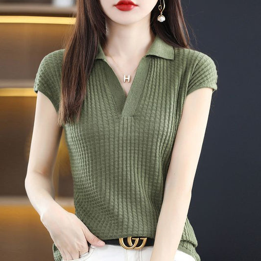 Cap-Sleeve Plain Knit Polo Shirt