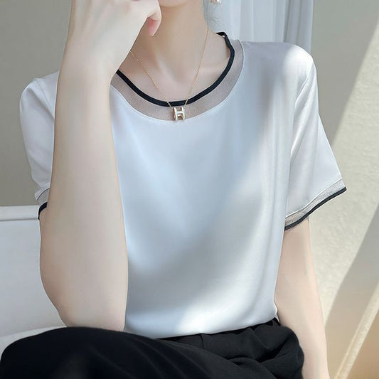 Short-Sleeve Round Neck Contrast Trim Blouse