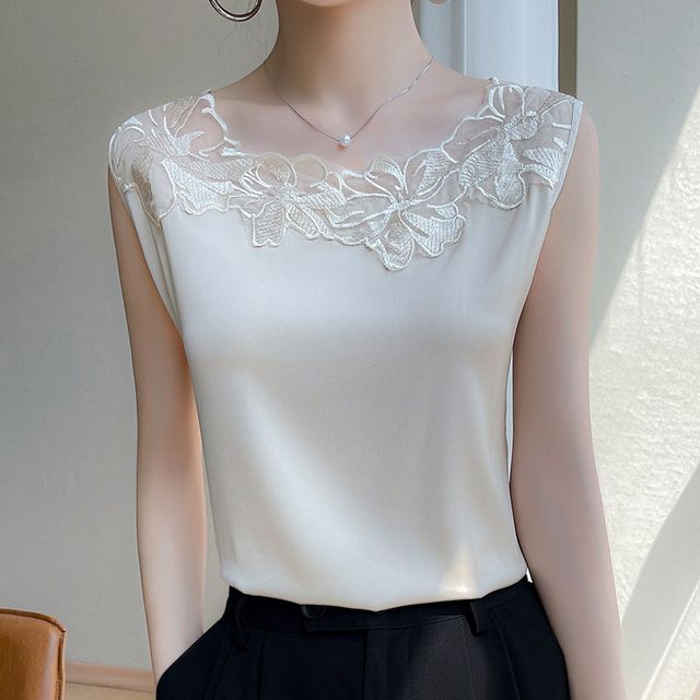 Floral Trim Sleeveless Silky Top