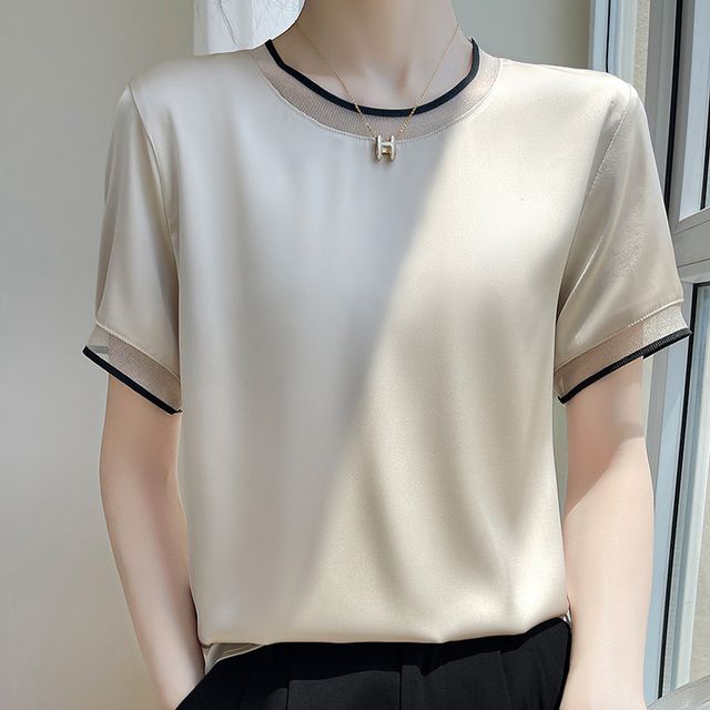 Short-Sleeve Round Neck Contrast Trim Blouse