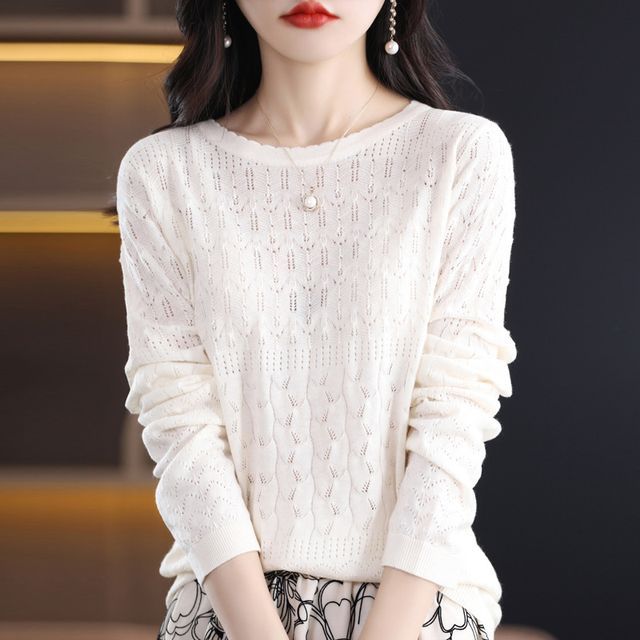 Long-Sleeve Crew Neck Plain Pointelle Knit Top