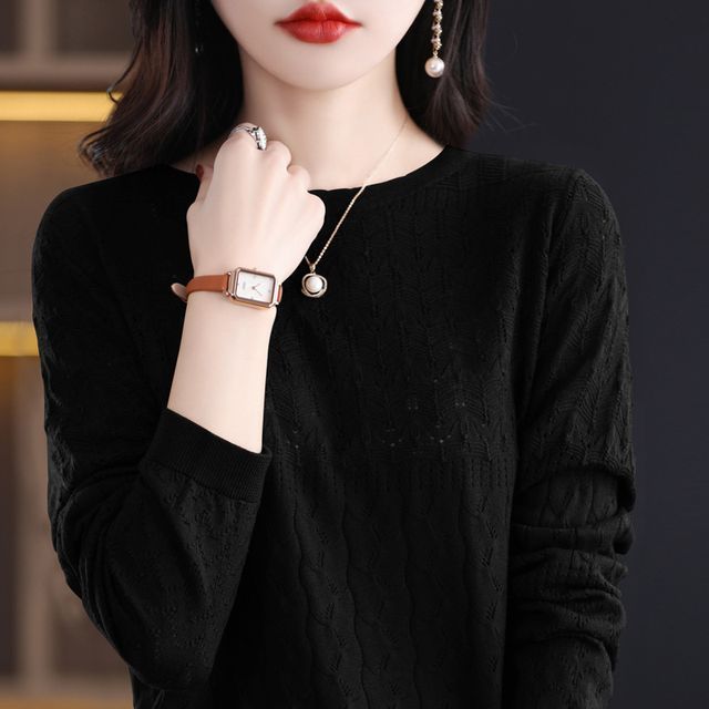 Long-Sleeve Crew Neck Plain Pointelle Knit Top