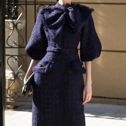 Elbow-Sleeve Bow Tweed Midi Sheath Dress
