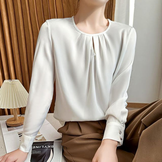 Long-Sleeve Round Neck Plain Blouse