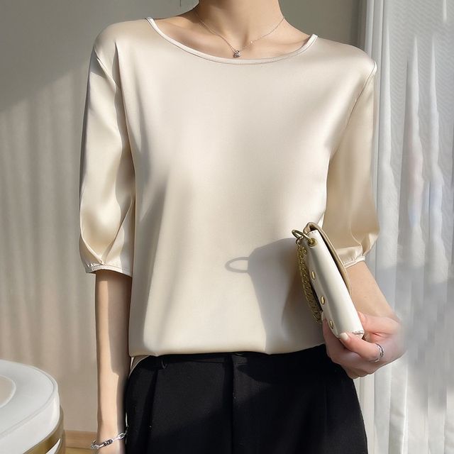 Elbow-Sleeve Boat-Neck Plain Blouse