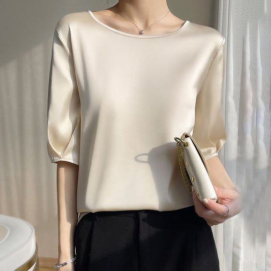 Elbow-Sleeve Boat-Neck Plain Blouse