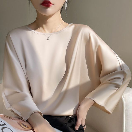3/4-Sleeve Crew Neck Plain Blouse