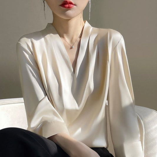 Long-Sleeve V-Neck Plain Blouse
