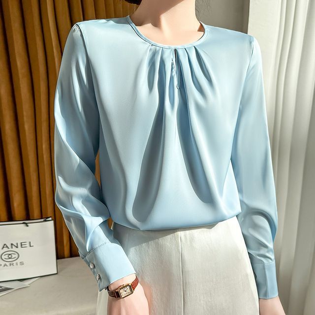 Long-Sleeve Round Neck Plain Blouse