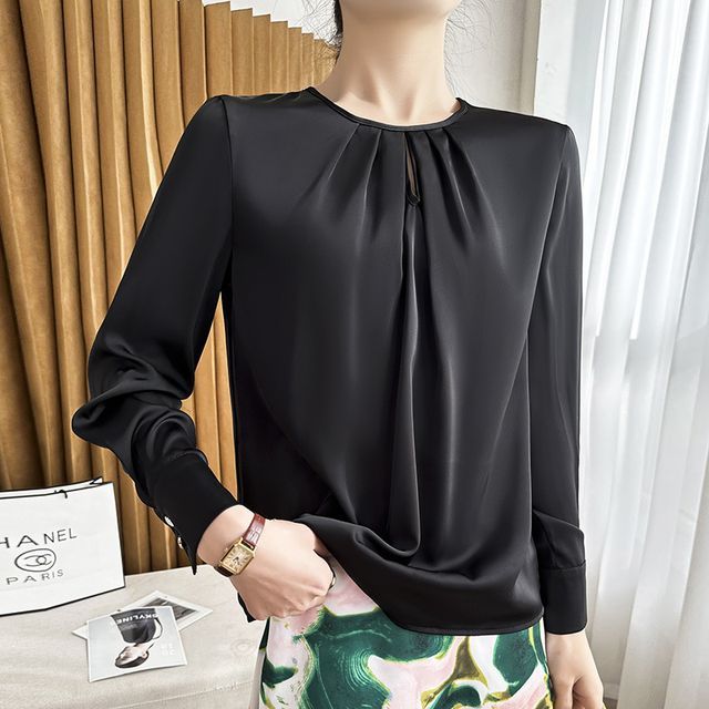 Long-Sleeve Round Neck Plain Blouse