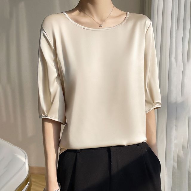 Elbow-Sleeve Boat-Neck Plain Blouse