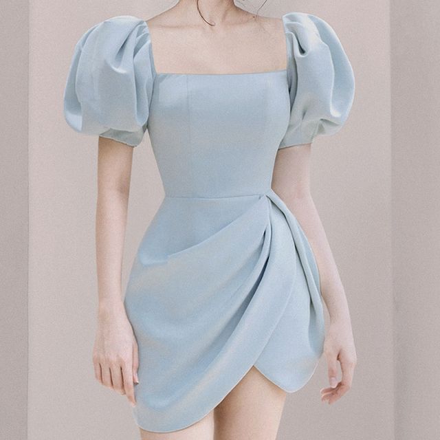 Puff-Sleeve Square Neck Plain Asymmetrical Mini Sheath Dress