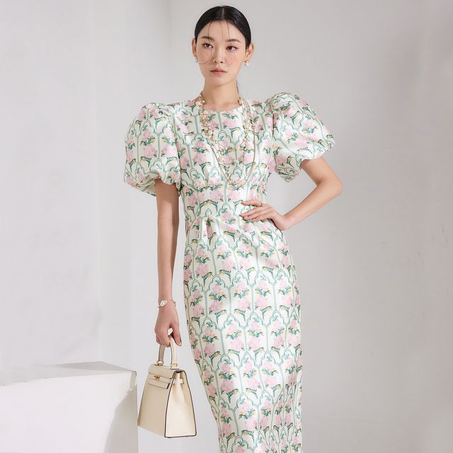 Puff-Sleeve Crew Neck Floral Midi Sheath Dress