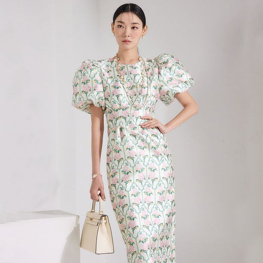 Puff-Sleeve Crew Neck Floral Midi Sheath Dress